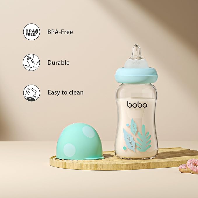 YOHKOH Natural Glass Baby Bottle with Level 1 Slow Flow Nipple, Newborn Anti-Colic Baby Bottles, Wide Neck Mushroom Baby Glass Bottle ((5.4oz (Pack of 4), Blue-A)