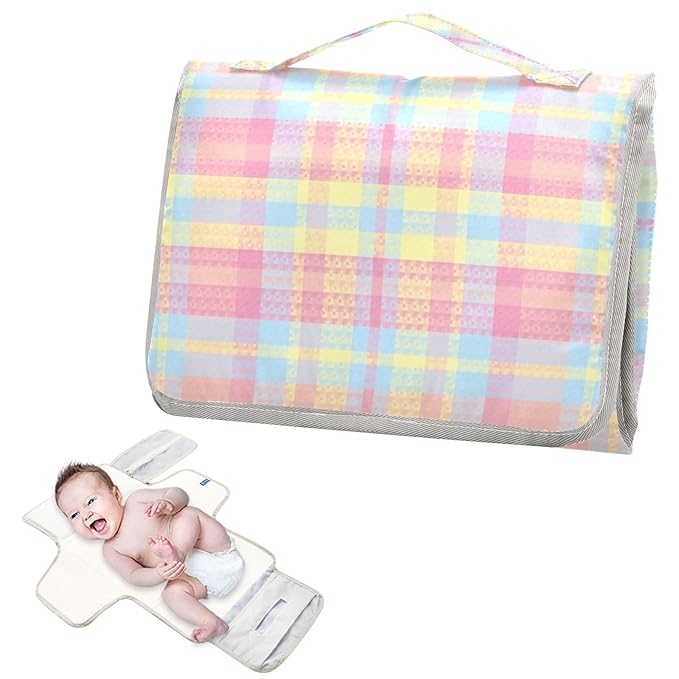 Portable Diaper Changing Pad Travel Baby Changing Mat Waterproof Diaper Changing Mat Foldable Lightweight Baby Changer with Built-in Pillow Tartan Plaid