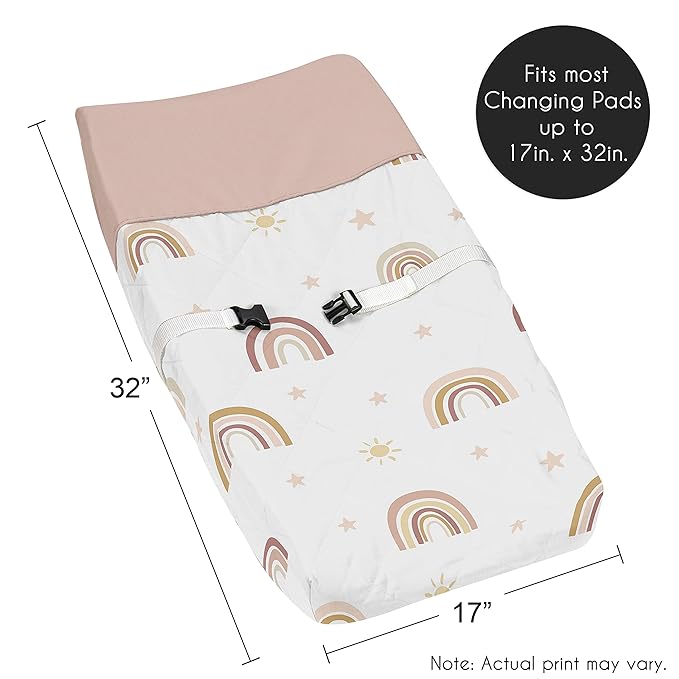 Sweet Jojo Designs Boho Rainbow Girl Baby Nursery Changing Pad Cover - Blush Pink Dusty Rose Gold Yellow Mauve Taupe Beige Tan Bohemian Stars Sun Celestial Vintage Sky