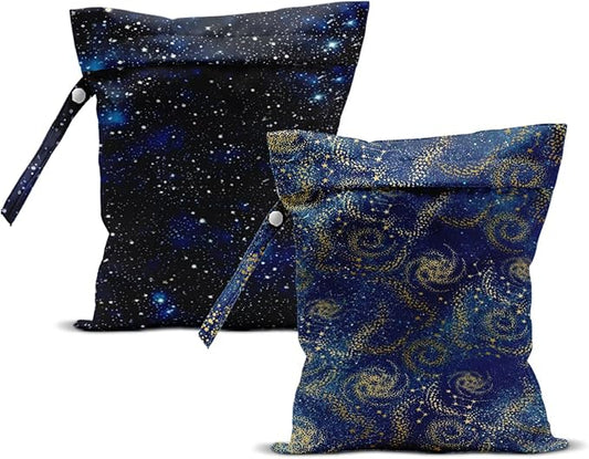 ZHAMEN 2Pcs Wet Bag, Wet Dry Bag Reusable with Zipper, Travel, Beach, Pool, Diapers, Dirty Yoga Gym Clothes, Makeup Bag, Waterproof Wetdry Packing, Blue Night Sky Decore (12x10 Inch)