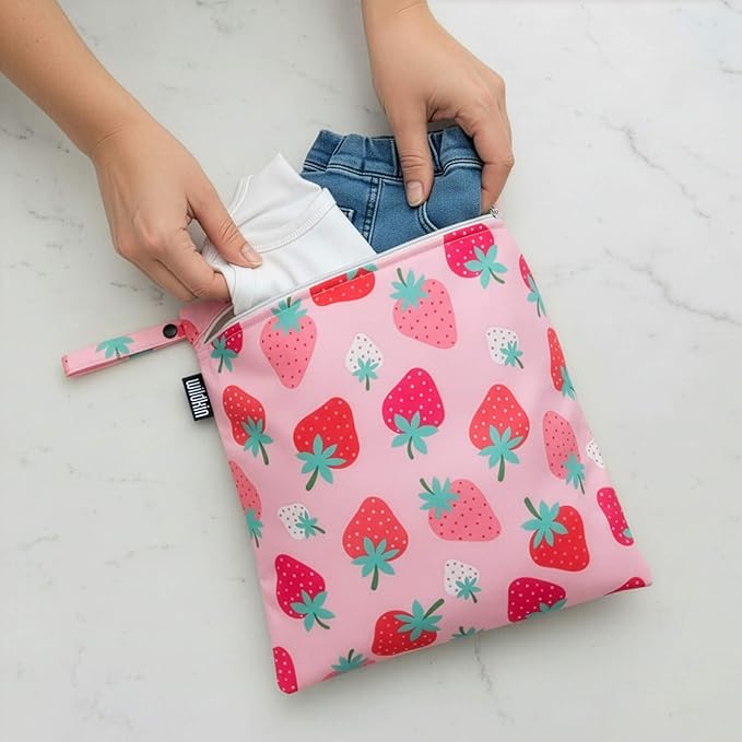 Wildkin Wet Bag Set for Boys, & Girls – Durable Zipper with Snap Loop Handle, Reusable Water-Resistant Bags for Beach, Pool, Travel & Gym - Strawberry Patch