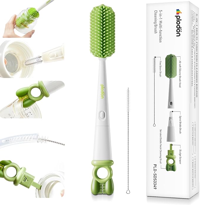 Detachable 5-in-1 Bottle Cleaning Brush Set - Silicone Baby Bottle Brush Cleaner Kit with Nipple Brush, Detail Brush & Straw Brush, Portable Long Handle Bottles Scrubber Cleaning Tool