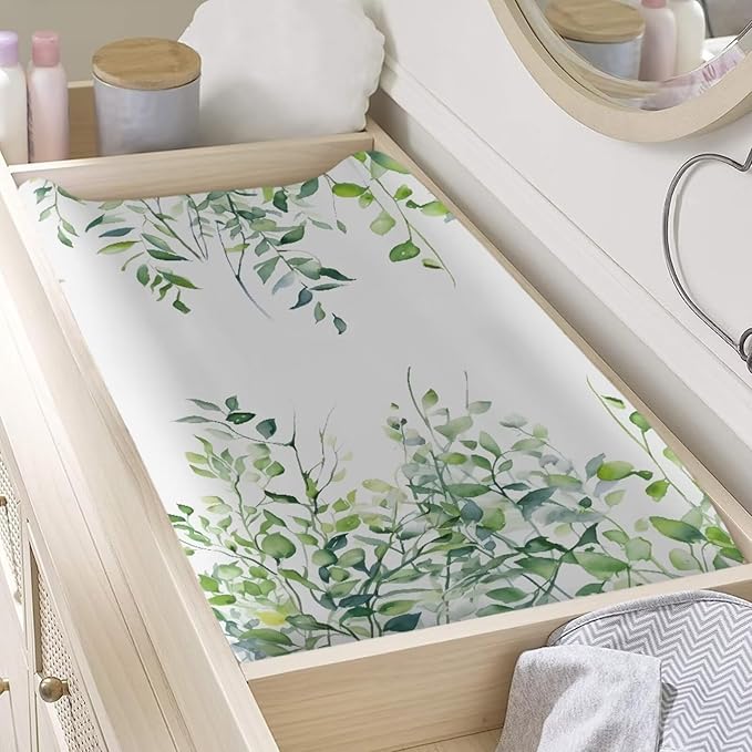 Baby Stretchy Changing Pad Cover, Breathable Changing Pad Cover for Infants and Toddles, Green Leaves Print 16 * 32 Inches