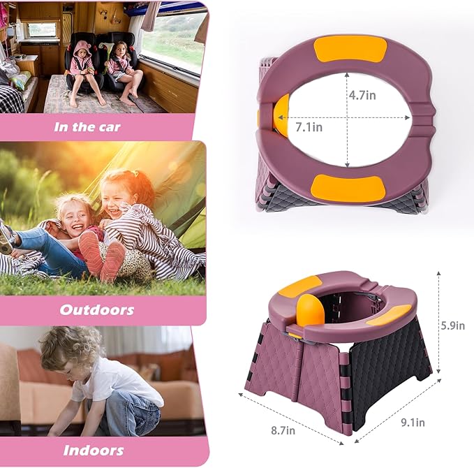Travel Potty for Toddlers, Portable Potty Chair with Bag & 30 Pouches - Kids Toilet for Car, Camping, Indoor Outdoor - Splash-Proof Design, Easy Clean Training Seat (Purple)