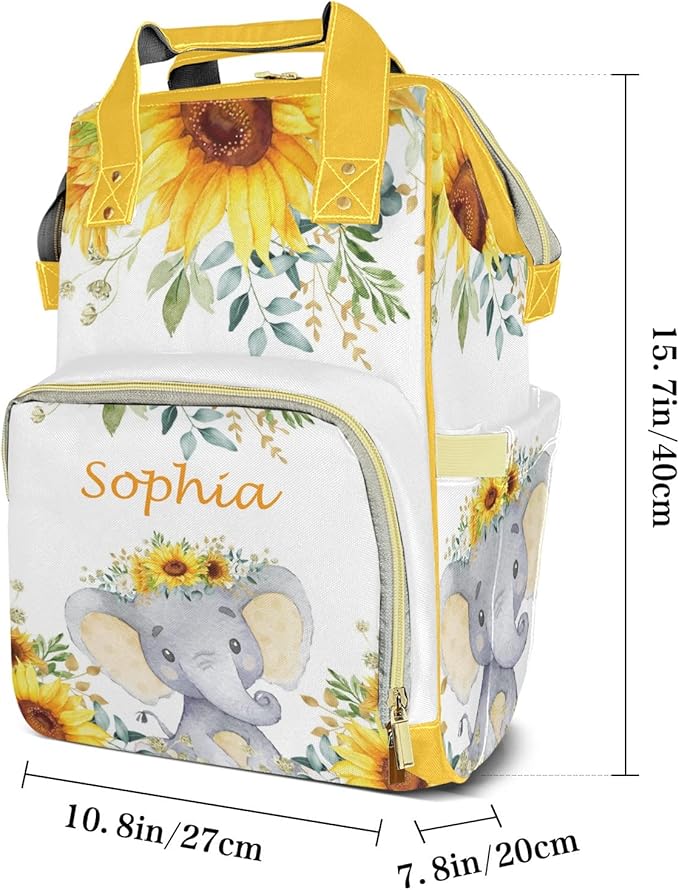 Cute Elephant Sunflowers Cute Diaper Bag Baby Nappy Bag Daughter Multi-Function Custom Baby Bag Picnic Diaper Carrying Bag Unisex Gifts with Name