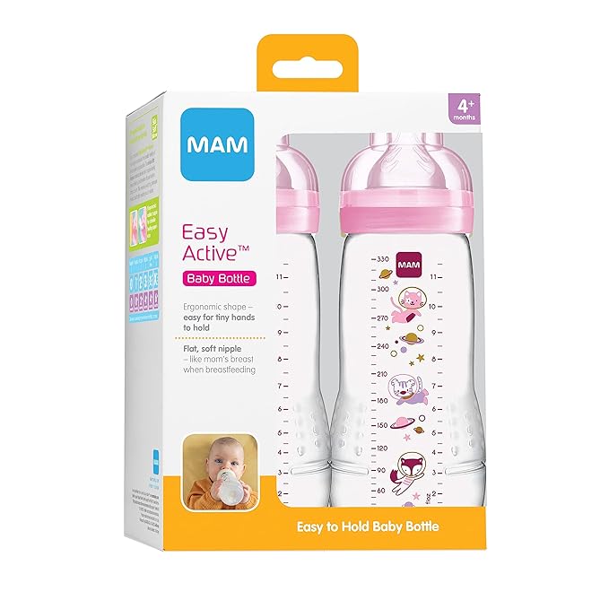 MAM Easy Active Baby Bottle 11oz, Easy Switch Between Breast and Bottle, Easy to Clean, 4+ Months & Plastic Trainer Cup (1 Count), 8 oz. Trainer Drinking Cup with Extra-Soft Spout