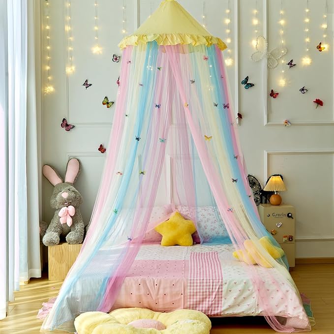 Yellow Rainbow Bed Canopy with Butterflies for Girls,Breathable Canopy Bed Curtain for Bed,Princess Play Tent for Kids Room Reading Nook
