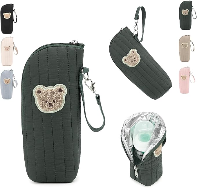 Insulated Baby Bottle Bag, Cotton Thermal Storage Organizer with Bear Design, 8.66x2.76x3.15 Inches, Light Blue, for Breast Milk Transport and Snacks (green)