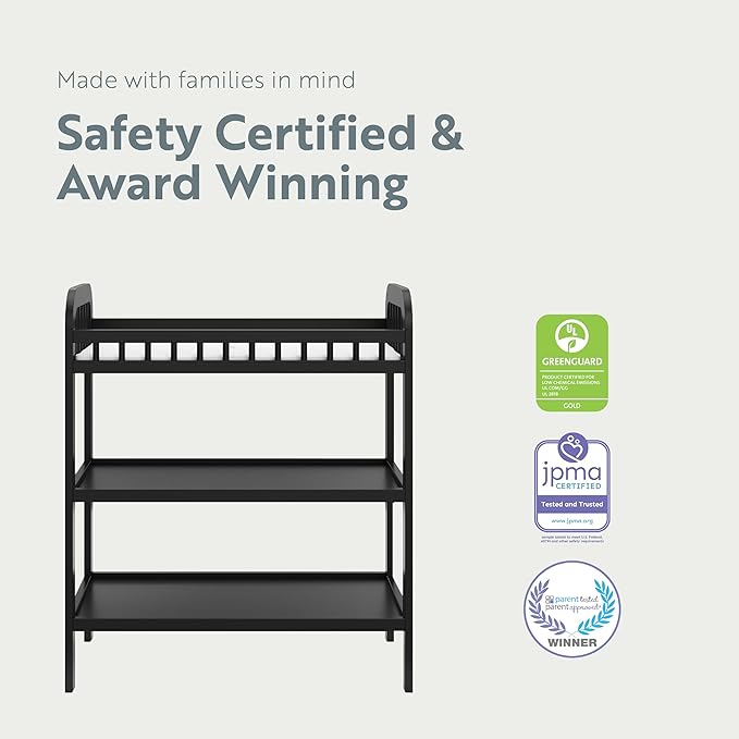 Storkcraft Pasadena Changing Table with Water-Resistant Changing Pad (Black) - GREENGUARD Gold Certified, Includes Bonus Water-Resistant Changing Pad with Safety Strap, 2 Open Shelves