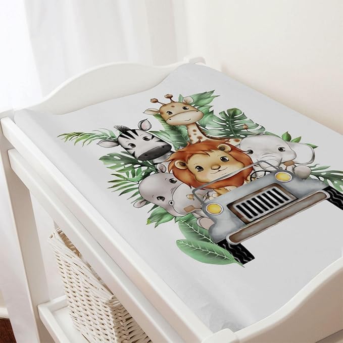 Jungle Safari Animals Truck Tropical Leaves Changing Pad Cover Lion Elephant Zebra Giraffe Hippo Diaper Change Table Sheets for Girl and Boy Soft Stretchy Fitted Changing Mat Sheets 32''x16''