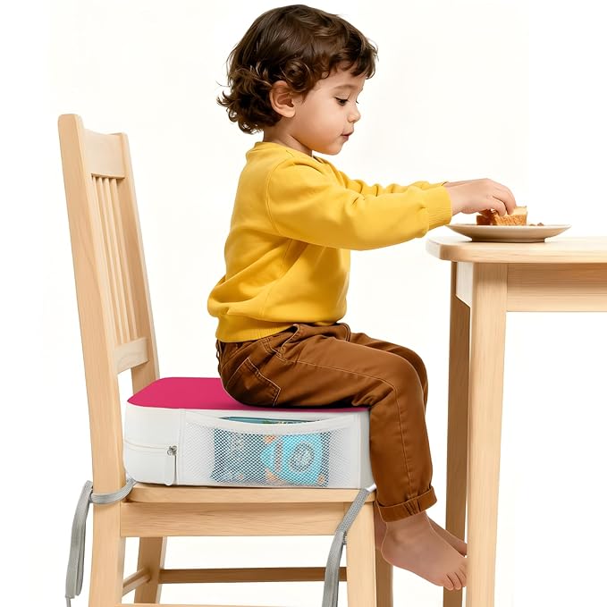Booster Seat for Kitchen Chair, 3.8" Toddler Booster Seats for Dining Table with Ties, PU Dining Booster Seat with Side Pockets, Non-Slip & Removable Booster Seat for Table Increasing Cushion (Pink)