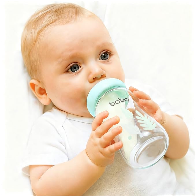 YOHKOH Natural Glass Baby Bottle with Level 1 Slow Flow Nipple, Newborn Anti-Colic Baby Bottles, Wide Neck Mushroom Baby Glass Bottle ((5.4oz (Pack of 2), Blue-A)