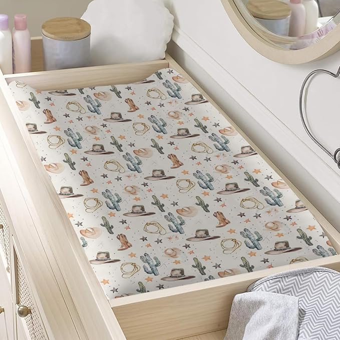 Western Theme Baby Changing Pad Cover,Unisex West Cactus Hats Stars Nursery Diaper Changing Table Pad Mat Sheet for Boys Girls-16x32
