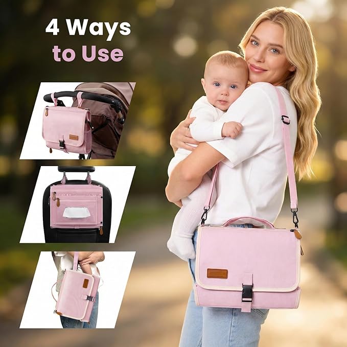UBRAVOO Portable Diaper Changing Pad - Baby Diaper Changer Travel Bag with Wipes Pocket, Smart Design Portable Changing Mat, Infant Travel Station Kit, Gift for Newborn Girl & Boy (Pink)
