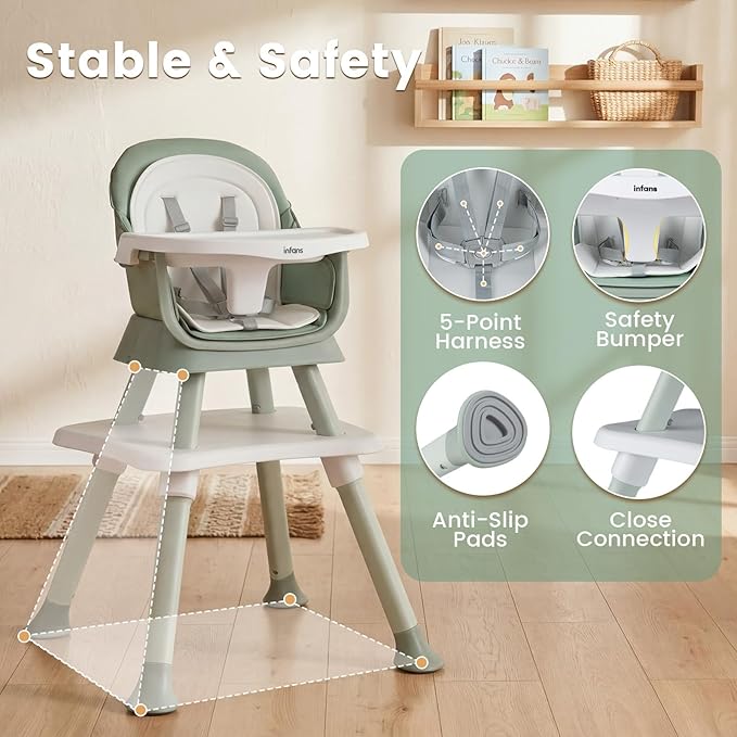 INFANS 8 in 1 Baby High Chair, Convertible Highchair for Babies and Toddlers, Infant Dining Booster Seat, Building Block Table, Kids Stool Table Chair Set with Removable Tray (Green)
