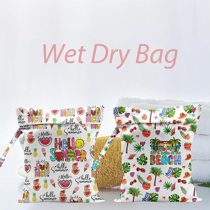 Waterproof Cloth Diaper Wet Dry Bag Reusable Travel Beach Pool Daycare Soiled Toddler Items Yoga Gym Bag for Swimsuits Wet Clothes Bags - 2pcs Summer Themed Pattern