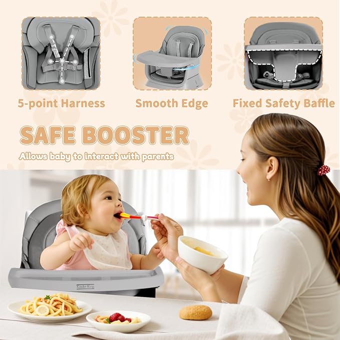 Kinder King Baby High Chair, 8 in 1 Coverts to Dining Booster Seat/Kids Table & Chair Set/Toddler Building Block Table/Kids Stool, Removable Tray & Double Seat Cover, Easy to Wipe, Grey