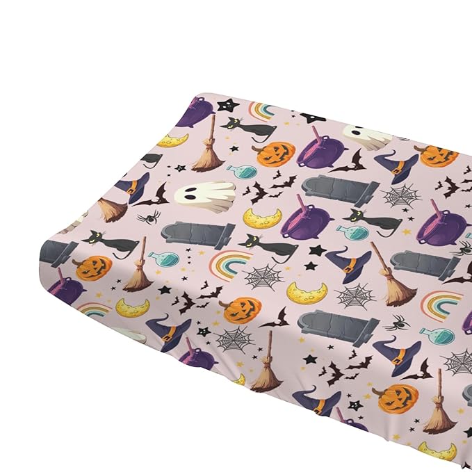 Halloween Boho Changing Pad Cover Spooky Witch Pumpkin Cat Bat Rainbow Baby Changing Pad Table Sheets for Boy Girl Halloween Moon Night Soft Stretchy Fitted Diaper Changing Table Mats 32''x16''