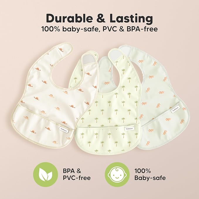 KeaBabies 3-Pack Waterproof Baby Bibs for Eating - Lightweight Toddler Feeding Bibs with Large Food Catcher, Mess Proof, Food-Grade Baby Eating Essentials, Easy to Put On & Clean (Mesozoic)