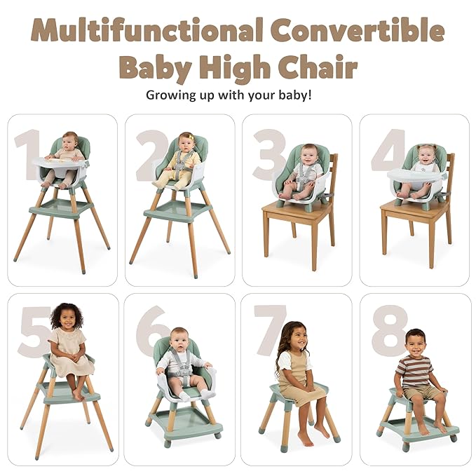 TODEFULL 8 in 1 Wooden High Chairs for Babies Toddlers, Convertible to Booster Seat, Baby Feeding Highchair w/ 5-Point Safety Harness, Removable Tray & Cushion, Green