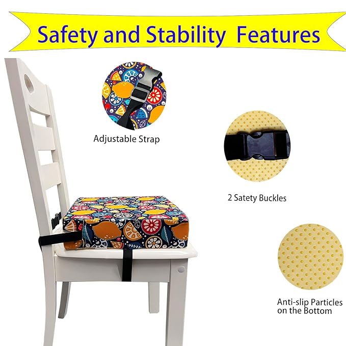 Toddler Booster Seats for Kitchen Chair with Double Safer Straps Non-Slip Bottom for Kids, Portable Travel High Density Sponge Detachable Cushion for Boys Girls (Fruit)