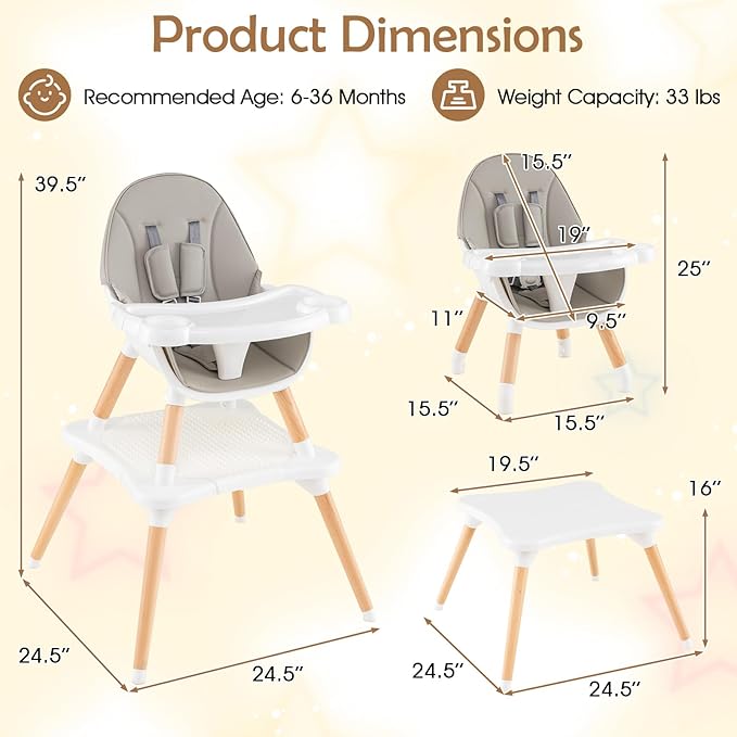 GLACER High Chair, 6-in-1 Convertible Wooden High Chairs for Babies and Toddlers w/Building Block Table, 5-Point Safety Harness, Removable Tray, PU Cushioned Baby High Chair for 6-36 Months (Grey)