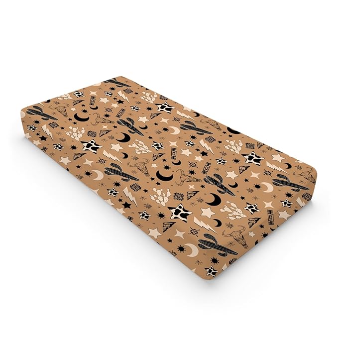 Vintage Western Cowboy Baby Changing Pad Covers Retro Cow Skull Cactus Sun Moon Stars Diaper Change Table Sheets for Girl Boy Wild Plants Soft Breathable Stretch Diaper Changing Pad Mats 32''x16''