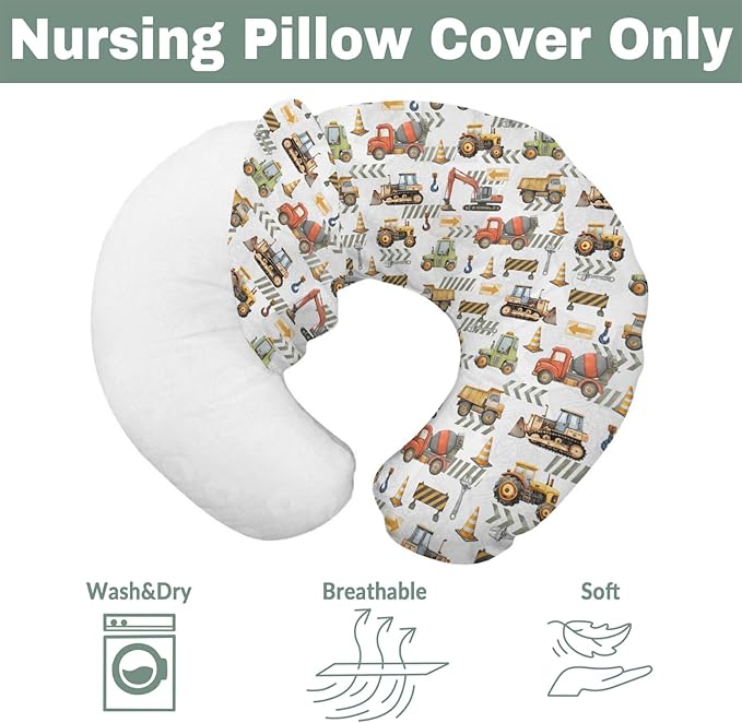 Construction Truck Vehicle Baby Nursing Pillow Covers for Boy Girl Excavator Tractor Digger Dump Truck Nursery Feeding Pillowcase for Breastfeeding Pillows Soft Stretchy Slipcovers for Newborn Infant