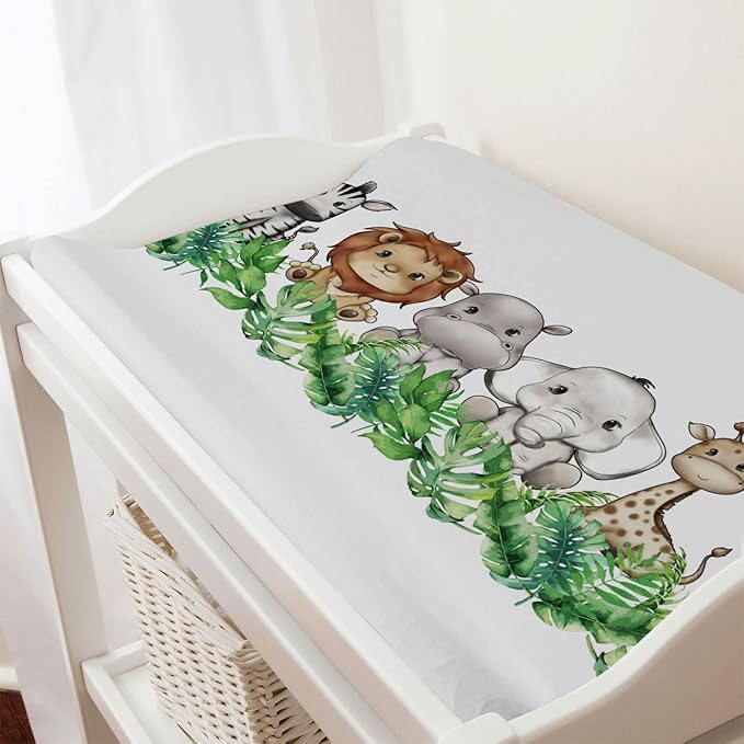 Baby Safari Animals Changing Pad Cover Cute Lion Elephant Giraffe Zebra Hippo Green Tropical Palm Leaves Change Table Pad Cover for Boys Girls Soft Stretch Fitted Diaper Changing Mat Sheets 32''x16''