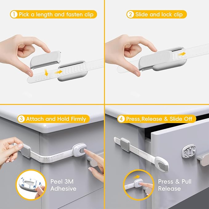 6 Packs Cabinet Locks Baby Proofing, Child Proof Cabinet Locks with 3M Adhesive, No-Drill Child Safety Cabinet Lock, Flexible for Drawer, Door, Fridge, Trashcan, Toilet Seat, Pantry