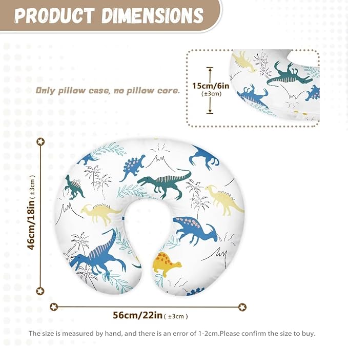 Nursing Pillow Case for Newborn Cute Dinosaur Breastfeeding Pillow Slipcover for Baby Boys & Girls Soft Fabric Fit Snug On Infant Washable & Breathable