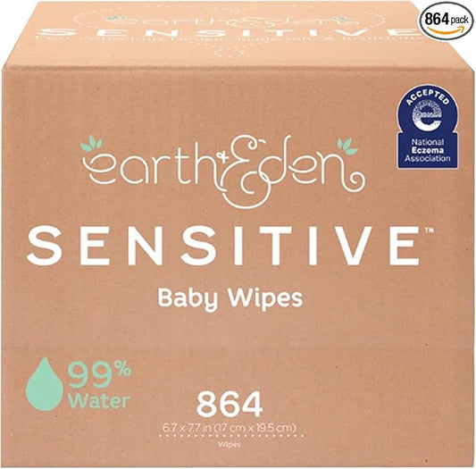 Earth & Eden Sensitive Baby Wipes (864 Count, 12 Packs of 72 Wipes) - Eco-Conscious & Hypoallergenic - No Harsh Chemicals - Gentle on Skin - Dermatologically Approved - 6.7 x 7.7 Inch