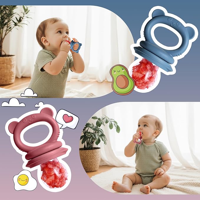Baby Food Feeder Set, 2 Packs Fruit Feeder & Breastmilk Popsicle Molds Freezer Tray with Lid, Silicone Fruit Feeder to Teething Relief, Introduce New Foods, Baby Feeding Essentials(Blue+Red)