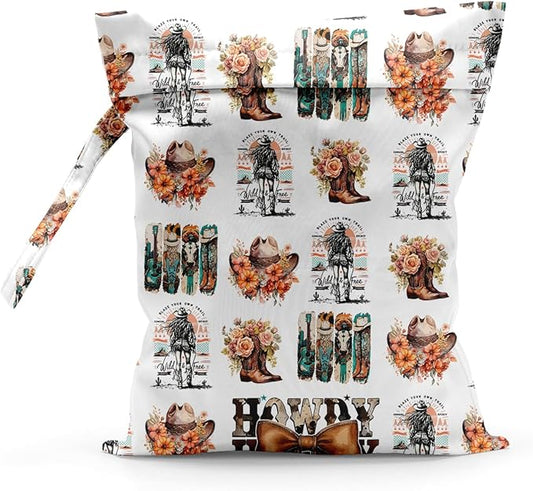 Waterproof Cloth Diaper Wet Dry Bag Reusable Travel Beach Pool Daycare Soiled Toddler Items Yoga Gym Bag for Swimsuits Wet Clothes Bags - Dark Floral Western Boots Pattern