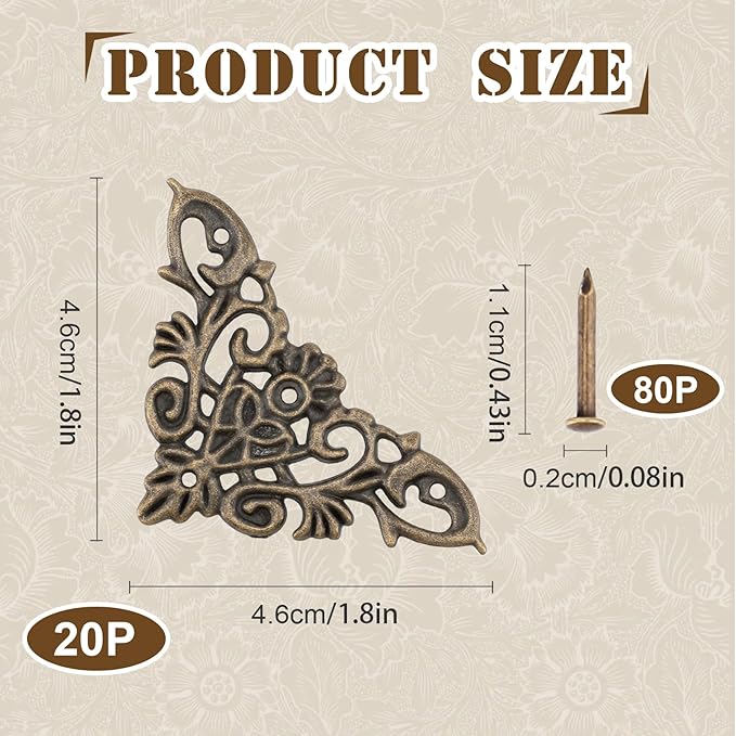 20-Pack Antique Bronze Corner Protectors - Decorative Edge Guards for Tables, Cabinets Books Albums, Embellishments for Jewelry Making, Decorative Safety Covers for Damaged Corner(2.5x1.8 inch)