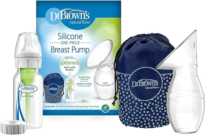 Dr. Brown’s Lanolin + Nipple Balm, 100% Silicone Breast Pump Breast Milk Catcher, Travel Bag, and 4oz Anti-Colic Options+ Baby Bottle, Level 1 Nipple & Lid