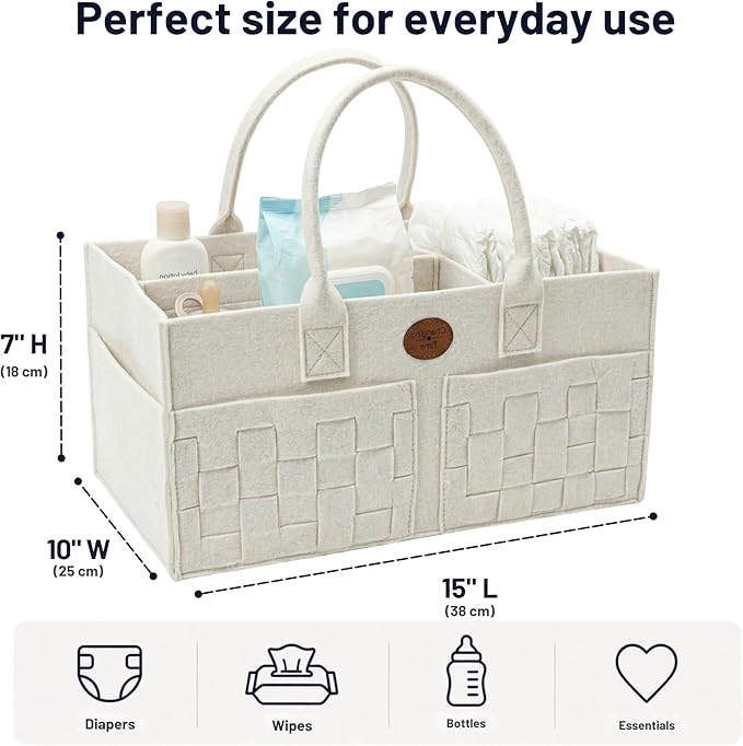 Baby Diaper Caddy Organizer for Nursery – Large Felt Storage Basket for Baby Essentials, Wipes & Diapers – Portable Nursery Organizer Bin for Changing Table or Living Room Winter White