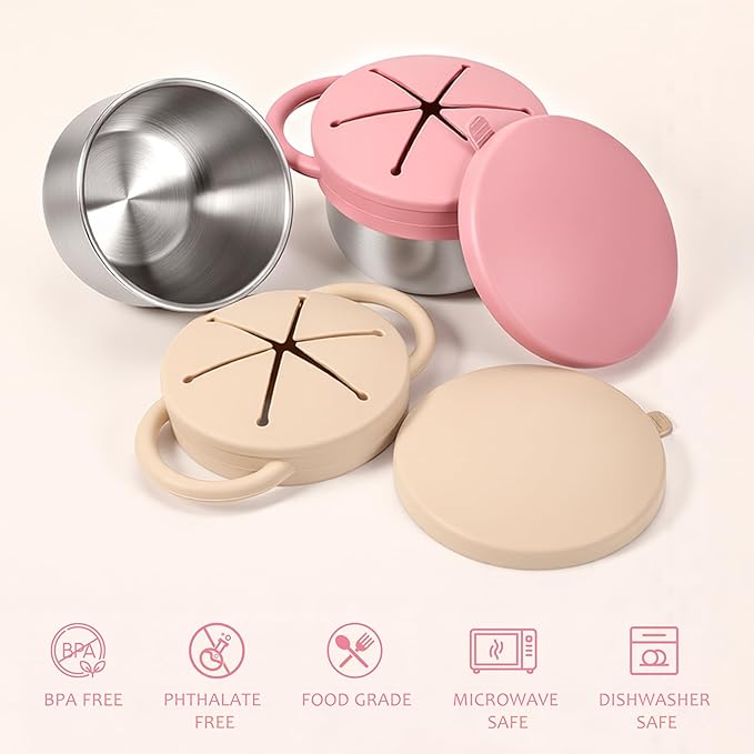 Stainless Steel Snack Containers with Lids, Snack cups with Silicone Food Catcher for Toddlers (Color 2)