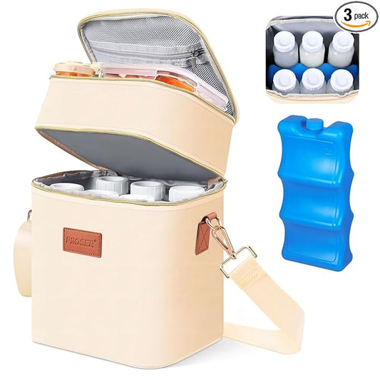 PIIOSER Breastmilk Cooler Bag with Ice Pack Fits 6 Baby Bottles Up to 9 Ounce, Insulated Baby Bottle Tote Bags, Double Layer Waterproof Leak-Proof with Shoulder Strap for Nursing & Working Mom (Cream)