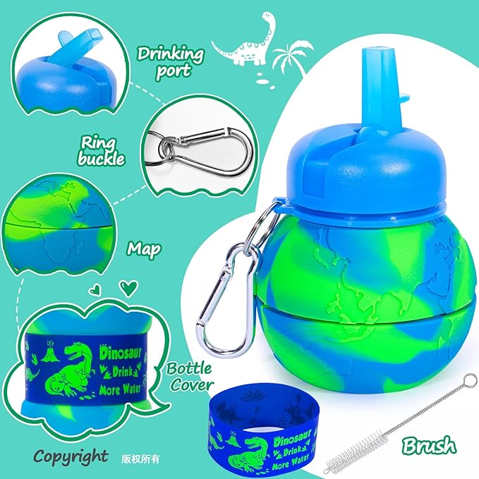 Dinosaur Water Bottle for Kids Toddler Boys 19oz 550ml Collapsible Silicone Foldable Bpa Free Leakproof Sports Water Jugs for School Sports Travel with Flip Spout Christmas Birthday Gifts Green Blue