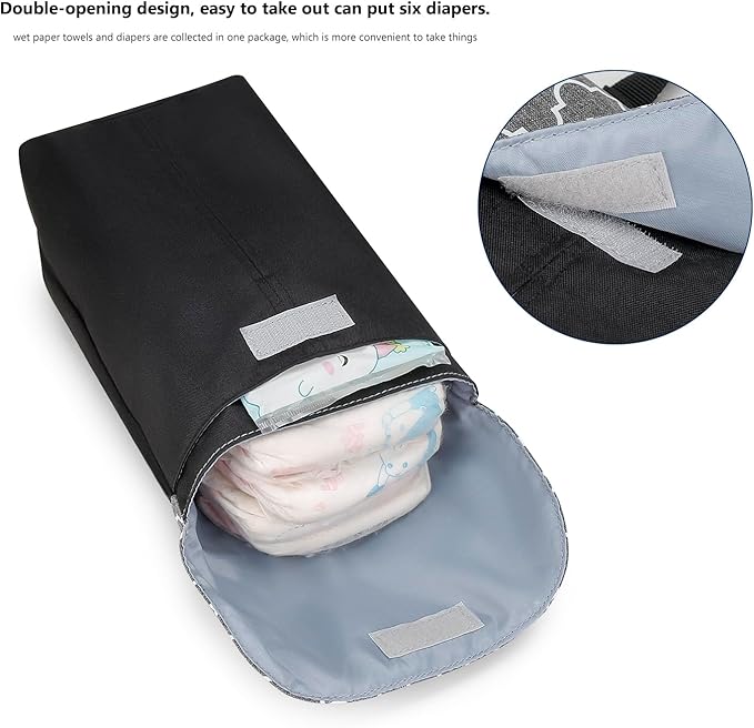 MOMIGO Wet Dry Bags for Baby Wipes Diapers - Reusable, Washable for Stroller, Diapers, Toiletries with Wipes and Diapers Drawing Opening (Black&Grey)