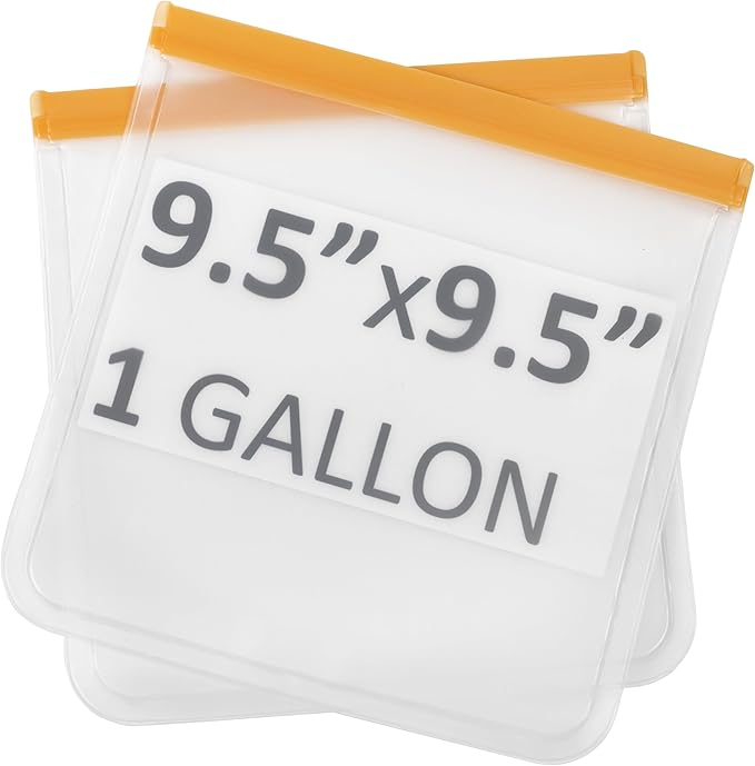 Reusable Freezer Bags Large (7ct, 1 Gallon, Orange), Airtight Seal, Easy-Clean Similar to Silicone Snack Bags, Transparent Design