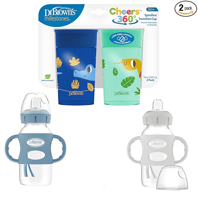 Dr. Brown's Milestones Wide-Neck Sippy Spout Bottle with 100% Silicone Handles & Milestones Cheers 360 Cup Spoutless Transition Cup, Travel Friendly