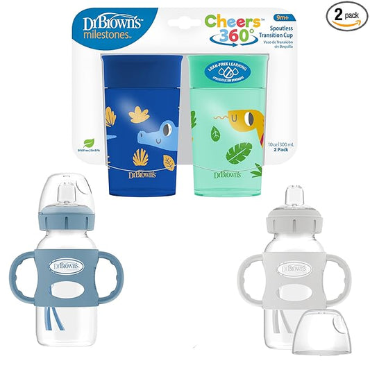 Dr. Brown's Milestones Wide-Neck Sippy Spout Bottle with 100% Silicone Handles & Milestones Cheers 360 Cup Spoutless Transition Cup, Travel Friendly