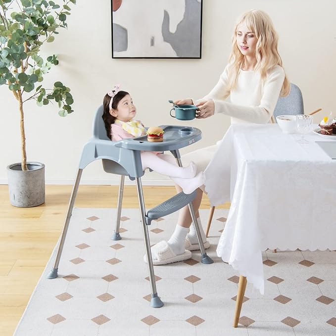 BABY JOY Baby High Chair, 4 in 1 Convertible High Chair with Adjustable Legs, Double Removable Tray, Safety Harness & Footrest, for 6-36 Months Babies & Toddlers (Gray)