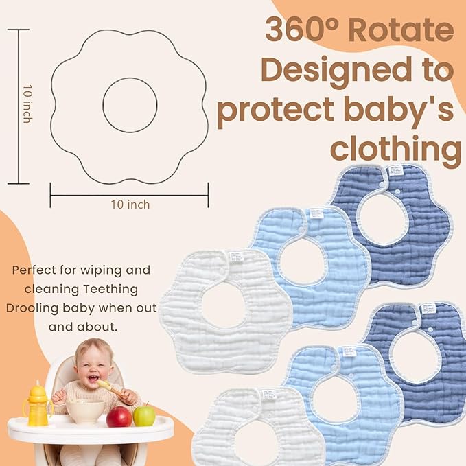 MUKIN Soft Cotton Muslin Baby Bibs 6 Pack | Adjustable Snap Closure for Newborns| Absorbent for Drooling, Teething & Feeding
