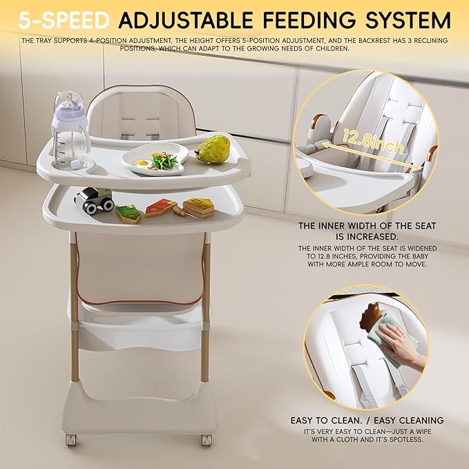 Foldable Baby High Chair with 150° Swing & Recline,Convertible High Chairs for Babies and Toddlers,5 Height Levels,3 Backrest & Footrest Positions,Removable Double Tray,Lockable Wheels (White 1)