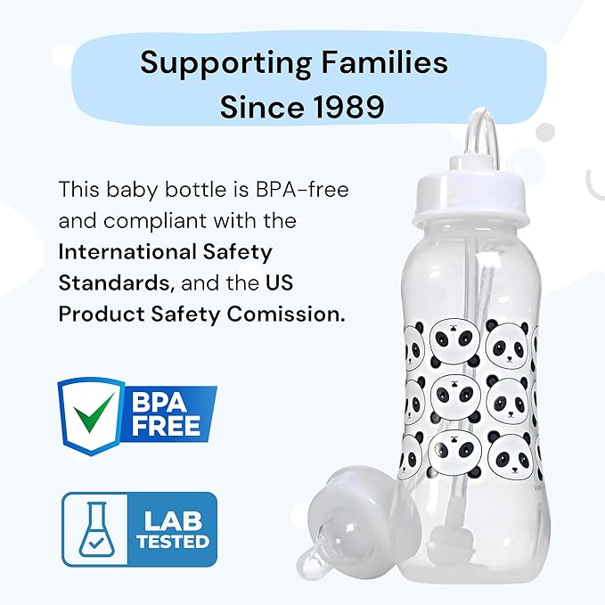 Hands-Free Baby Bottle - Anti-Colic Nursing System 9 oz Baby Bottle with Fast Flow Nipple/Teat 3m+ with Tube Straw Feeding System for Toddler (2 Bottles - Panda)