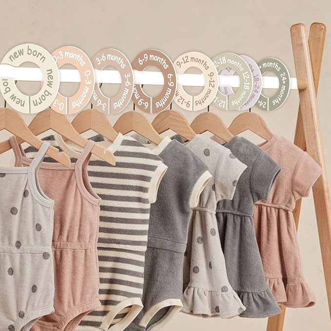 cephira Baby Closet Dividers for Clothes – Earth Tone Round Baby Clothes Dividers for Closet Rod, Nursery Closet Organizer & Decor, Clear Labels for Easy Sorting, Fits Most Rods