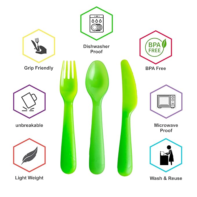 Kids Plastic Dinnerware Set of 18 Multi Color Flatware (Spoons, Forks and Knives) - Reusable, BPA-Free, Dishwasher Safe and Microwaveable
